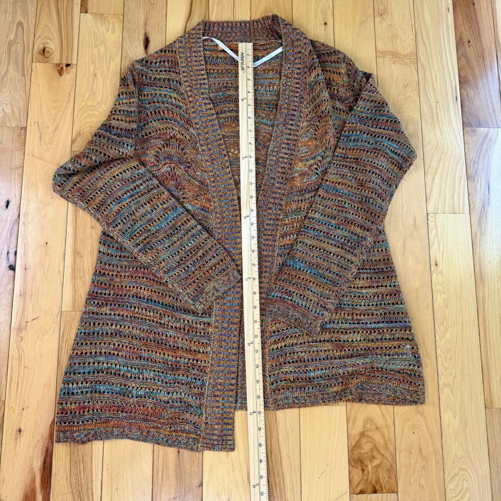 Belldini Womens XL Space Dye Open Front Cardigan Orange Teal Pointelle Knit - Picture 4 of 9